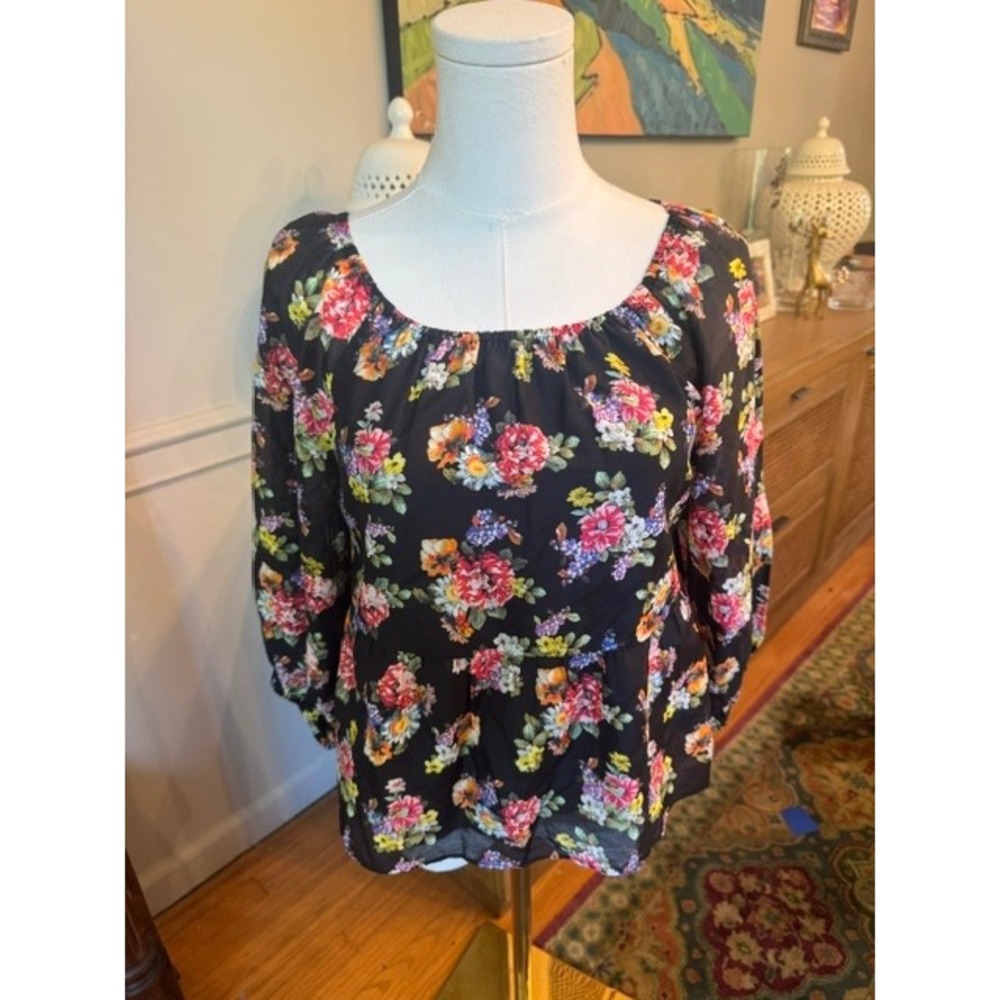 Alice + Olivia Floral Peplum Top Black Multi Scoop Neck Long Sleeve Blouse NWT